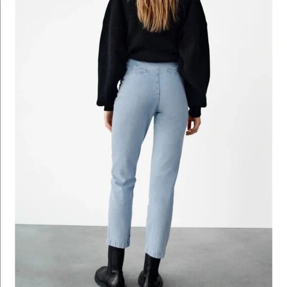 High Rise Waist Gold Button Straight Leg Jeans Denim Pants Sz Large - Picture 4 of 10